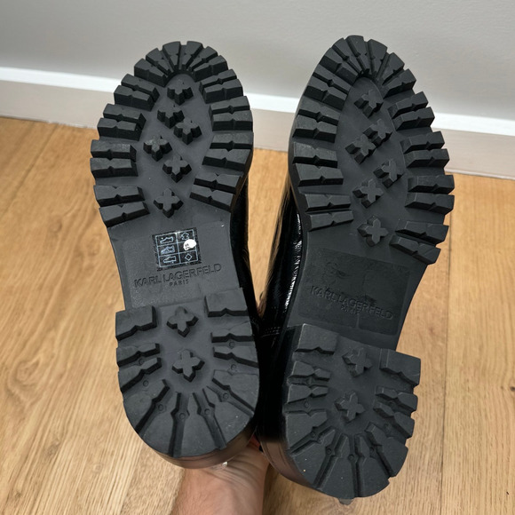 NEW Karl Lagerfeld Black Shiny Leather Porshay Lug Sole Studded Bootie Boot - Picture 7 of 9